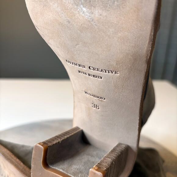 Officine Creative Taupe Suede Peep-Toe Ankle Bootie Block Heel EU 38 US 8 Italy - Picture 9 of 12